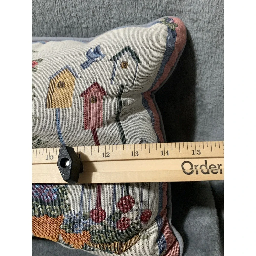 Vtg Garden Tapestry Throw Pillow Birdhouse Sun Hat Floral Accent Blue Cottage